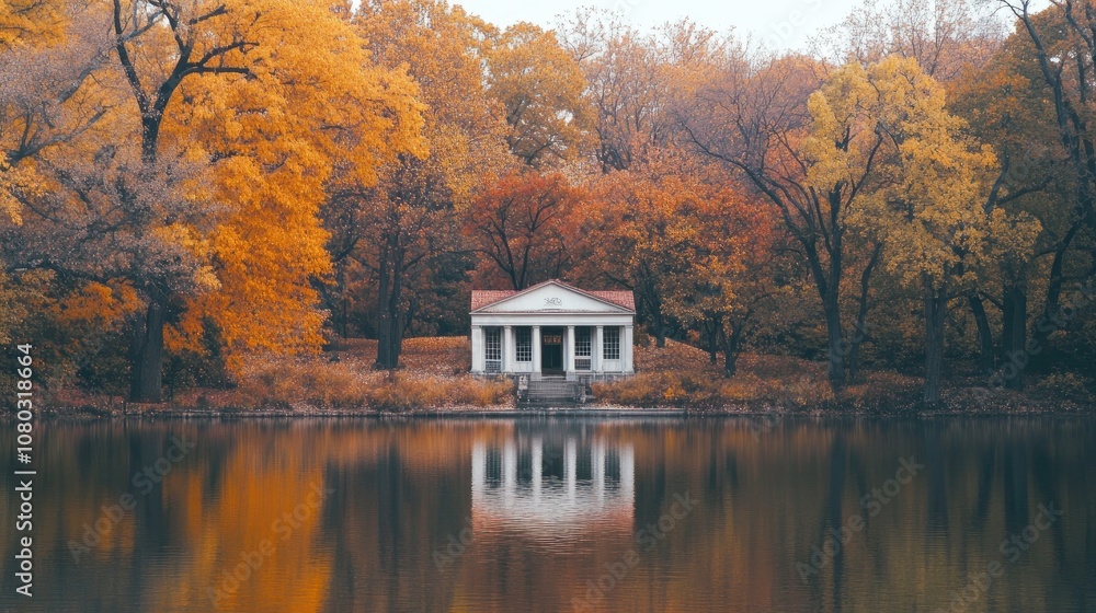 A boathouse surrounded by autumn foliage, with the trees reflecting in the still lake water, creating a vibrant, colorful scene. A boathouse surrounded by autumn foliage, with the trees reflecting in the still lake water, creating a vibrant, colorful scene.