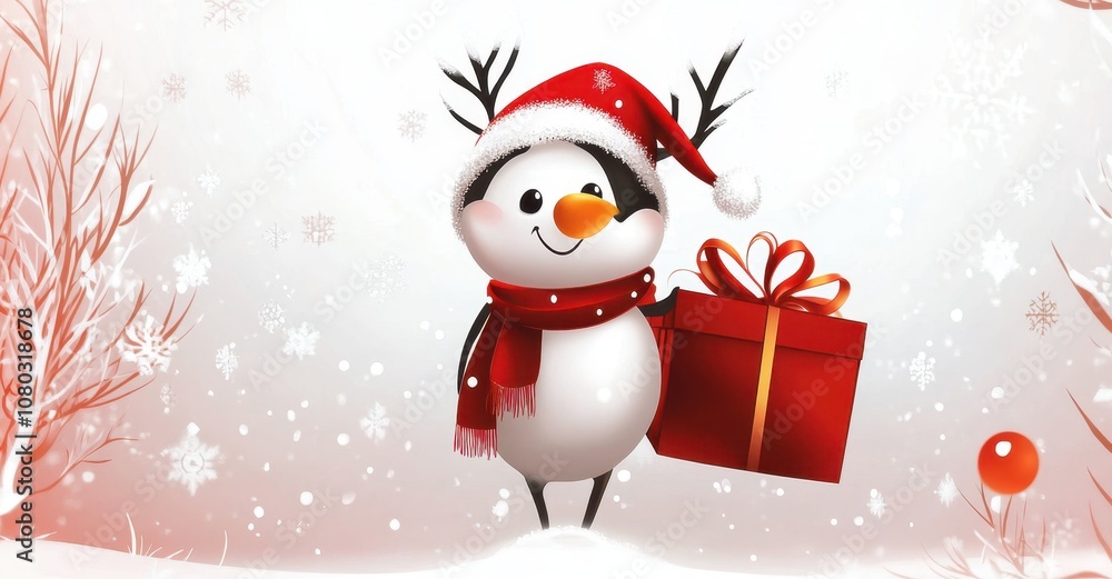 Snowman with red gift box and Santa hat Snowman with red gift box and Santa hat