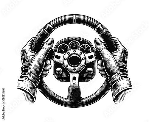 two hands gripping a car steering wheel engraving black and white outline