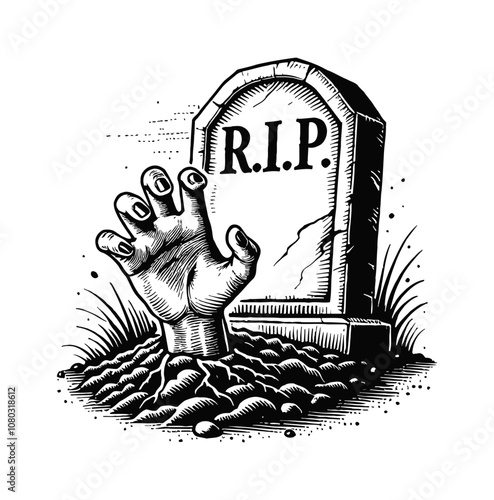 hand grave tombstone engraving black and white outline