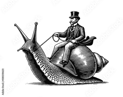 gentleman riding giant snail engraving black and white outline