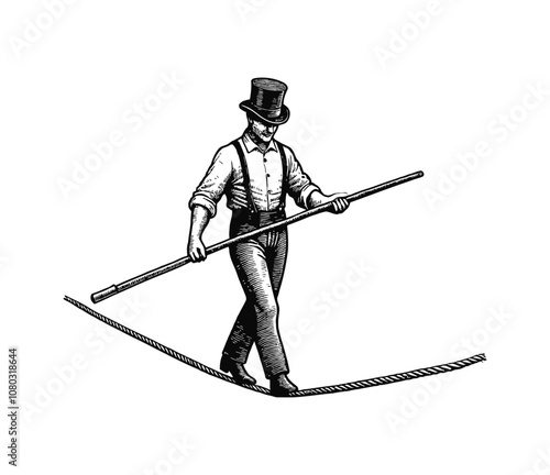 man walking rope tightrope engraving black and white outline