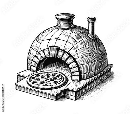 pizza oven engraving black and white outline