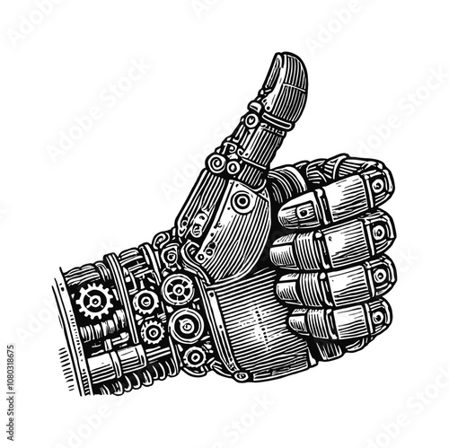 robotic hand giving a thumbs up engraving black and white outline