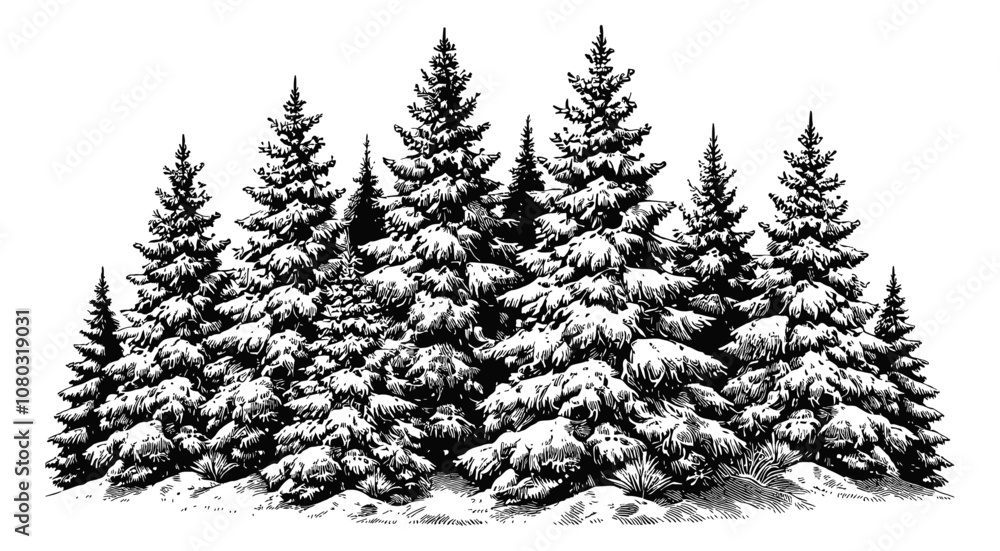 Obraz premium snow covered fir trees engraving black and white outline