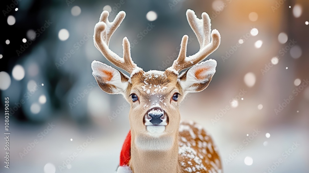 Whimsical reindeer in snow with bright festive background Whimsical reindeer in snow with bright festive background