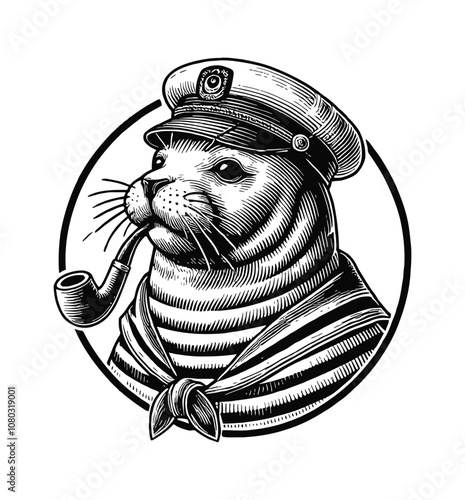 seal with sailor costume and smoking pipe engraving black and white outline