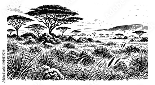 African savanna field engraving black and white outline