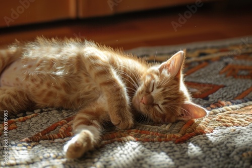 A domestic cat snoozes on a plush rug on the floor photo