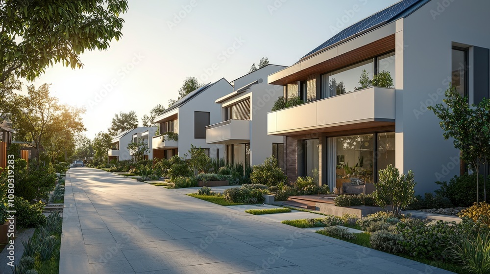 Stylish white modern homes with spacious patios line a picturesque suburban street under soft sunlight, representing comfortable and elegant suburban living. Stylish white modern homes with spacious patios line a picturesque suburban street under soft sunlight, representing comfortable and elegant suburban living.