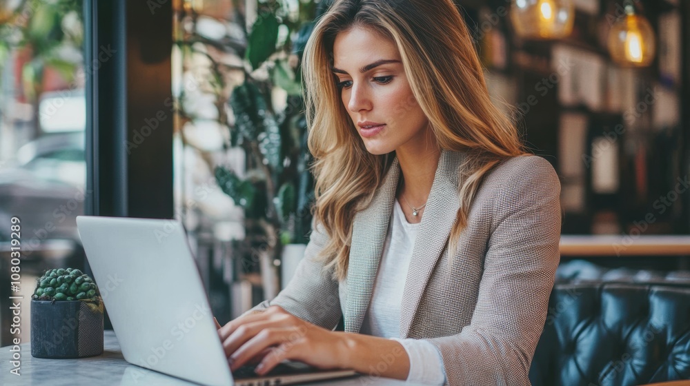 Stylish Woman Entrepreneur Working on Laptop in Cozy Café, Focused on Business Tasks with Modern Décor and Natural Lighting Enhancing the Atmosphere Stylish Woman Entrepreneur Working on Laptop in Cozy Café, Focused on Business Tasks with Modern Décor and Natural Lighting Enhancing the Atmosphere