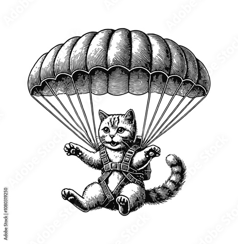 cat wearing a parachute engraving black and white outline
