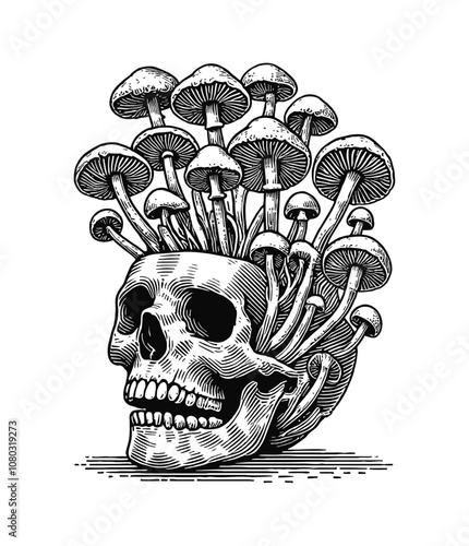 skull with mushrooms growing engraving black and white outline