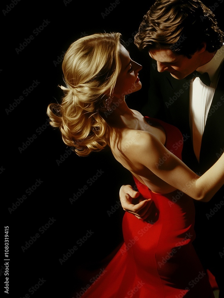 Naklejka premium Elegant couple man in tuxedo and woman in red dress passionate dance waltz