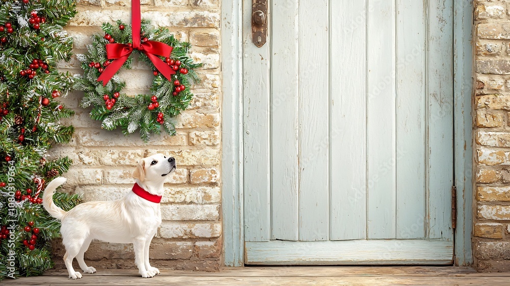 Obraz premium Festive Christmas Wreath Hanging on Brick Doorway with Cozy Holiday Decor