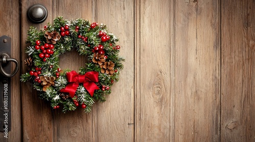 Festive Christmas Wreath Hanging on Rustic Wooden Door with Copy Space