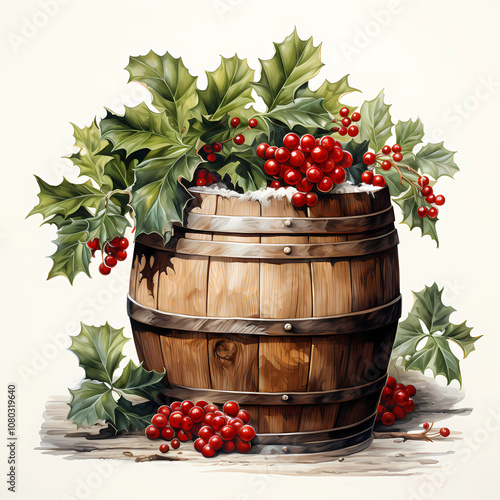 Christmas outdoor rustic country decor of a timber carell filled with holly leaves and berries snowy background photo