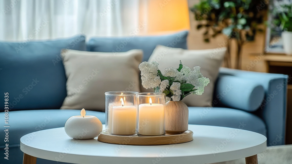 Close up candles on white coffee table and blue sofa. Scandinavian and modern living room Close up candles on white coffee table and blue sofa. Scandinavian and modern living room