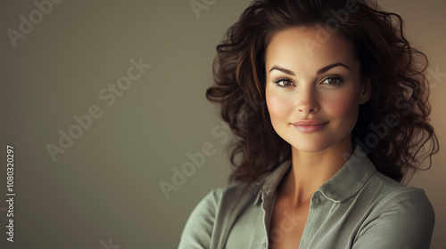 Female employee looking at the camera on blank background for copy space. 