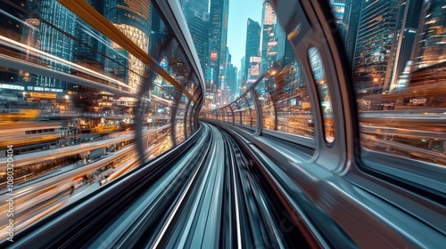 High-speed train rushing through urban skyline 