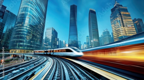 High-speed train rushing through urban skyline 