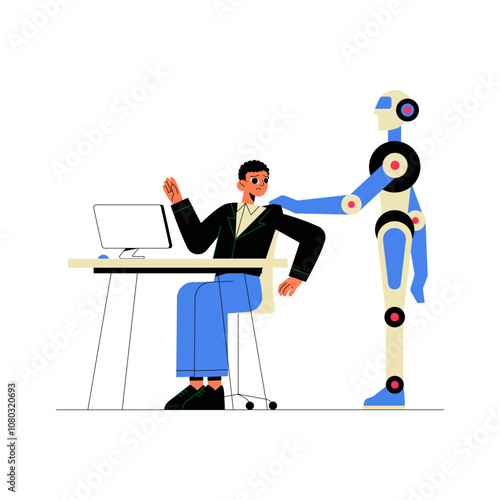Robot Supervising Office Worker In Flat Vector Illustration Symbolizing AI Taking Jobs, Automation, And Workplace Technology, Isolated On White Background