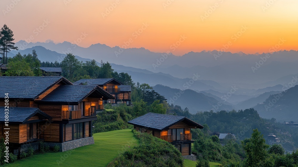 A row of wooden cabins nestled in the hillside with a view of the mountains at sunset. A row of wooden cabins nestled in the hillside with a view of the mountains at sunset.