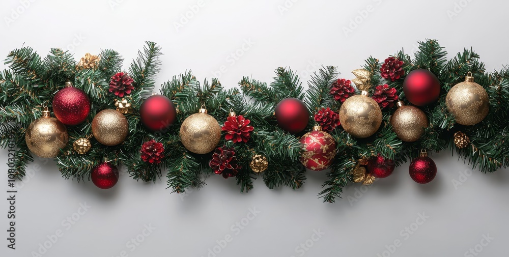 A festive arrangement of red and gold ornaments on green pine branches for a cheerful holiday celebration A festive arrangement of red and gold ornaments on green pine branches for a cheerful holiday celebration