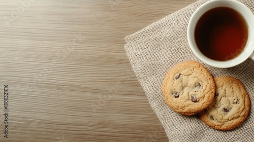 Warm cookies and a cup of tea on a wooden table create a cozy afternoon vibe, AI