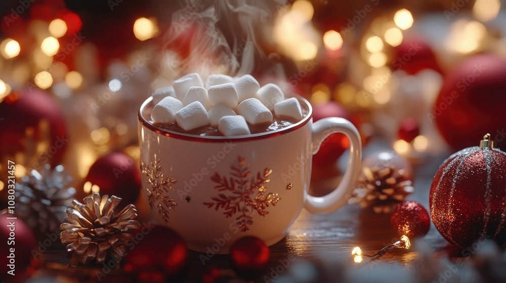 A steaming mug of hot cocoa topped with marshmallows, surrounded by holiday decorations. Space on the right for a holiday greeting. A steaming mug of hot cocoa topped with marshmallows, surrounded by holiday decorations. Space on the right for a holiday greeting.