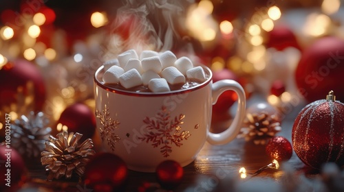 A steaming mug of hot cocoa topped with marshmallows, surrounded by holiday decorations. Space on the right for a holiday greeting.