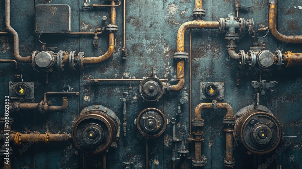Detailed View of Industrial Pipes and Valves on a Weathered Blue Wall, Showcasing Rusty Textures and Functional Machinery Components in a Factory Setting Detailed View of Industrial Pipes and Valves on a Weathered Blue Wall, Showcasing Rusty Textures and Functional Machinery Components in a Factory Setting