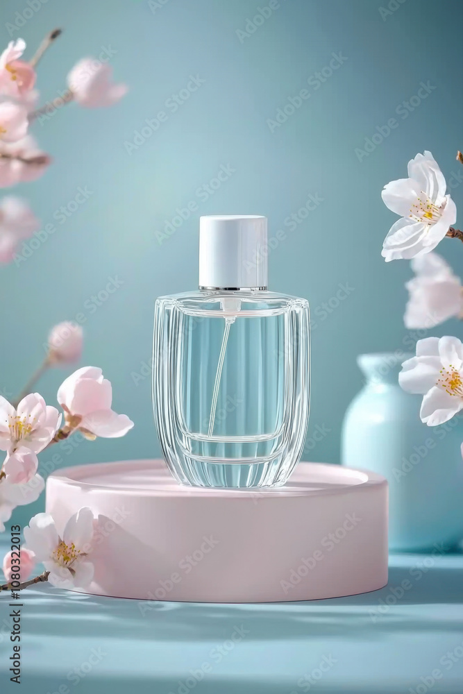 Realistic pink perfume bottle on the catwalk to advertise a perfume brand Realistic pink perfume bottle on the catwalk to advertise a perfume brand