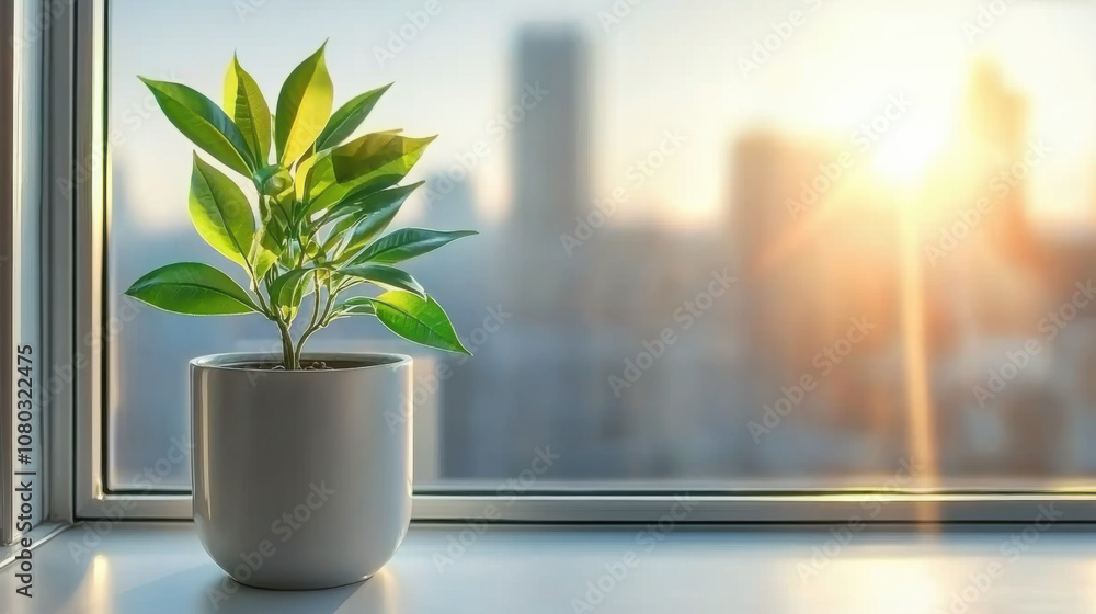 A vibrant green plant in a modern pot, set against a sunlit window A vibrant green plant in a modern pot, set against a sunlit window