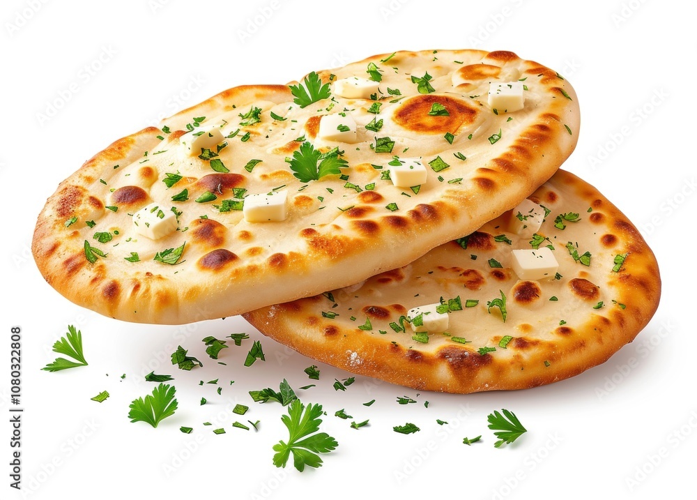Freshly baked naan bread with herbs on a white isolate background. Freshly baked naan bread with herbs on a white isolate background.