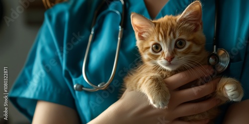 A dedicated veterinarian compassionately cares for an adorable and cute little kitten, ensuring it receives the best possible veterinary attention and treatment for its health and wellbeing photo