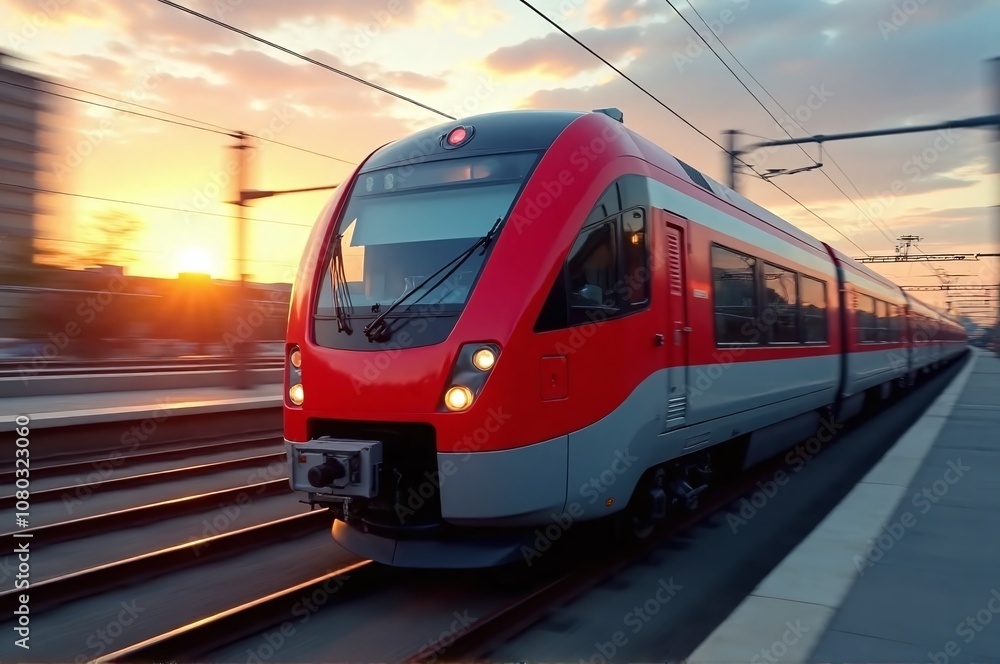 Modern train, urban station, sunset Modern train, urban station, sunset