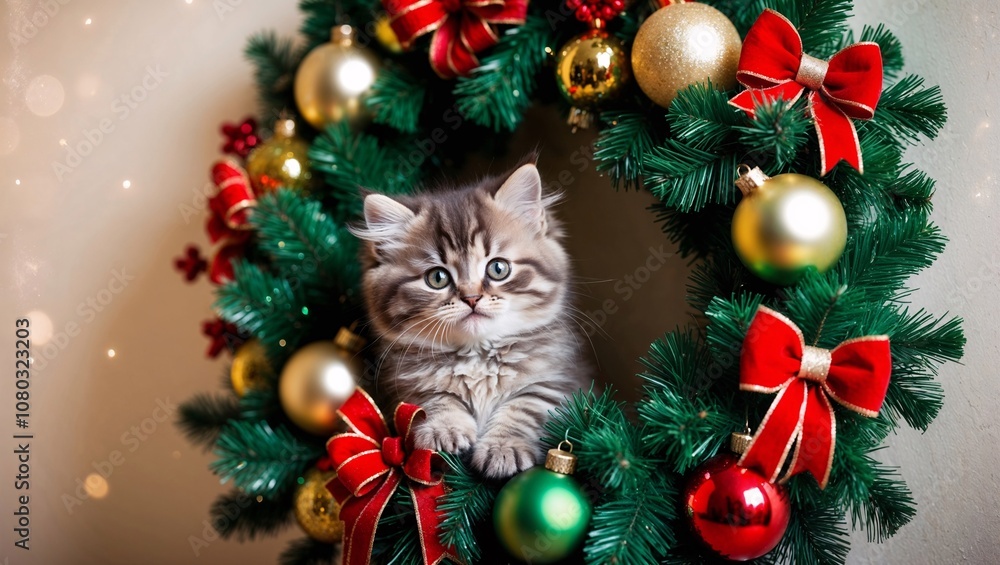 Fluffy tabby kitten in Christmas wreath with red bows,golden ornaments Fluffy tabby kitten in Christmas wreath with red bows,golden ornaments