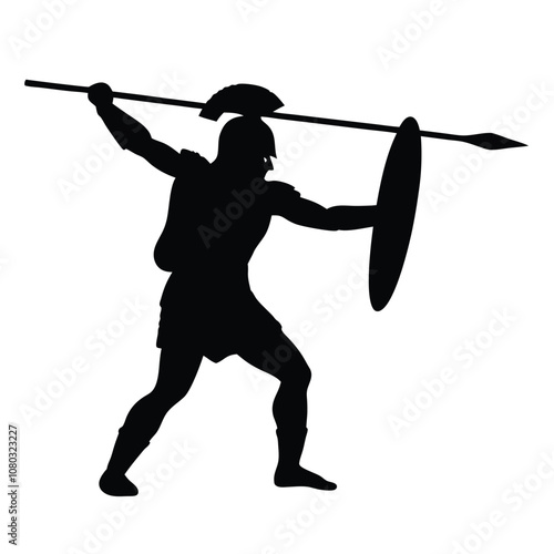 A man in a black costume is holding a spear and shield. He is a warrior. The shield is in front of him