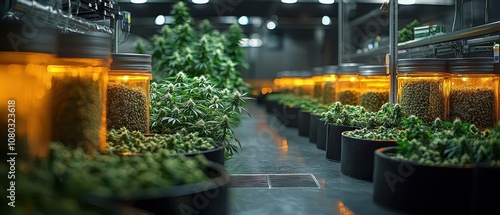 Indoor cannabis farm with glowing jar	 photo