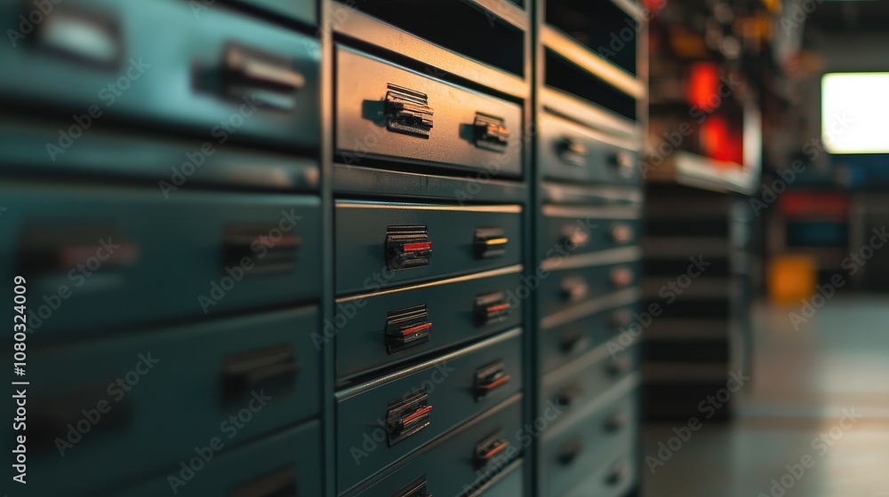 Close-Up View of Metal Drawers in a Modern Workspace with Soft Lighting and Organizing Tools Highlighting a Neat and Efficient Environment Close-Up View of Metal Drawers in a Modern Workspace with Soft Lighting and Organizing Tools Highlighting a Neat and Efficient Environment