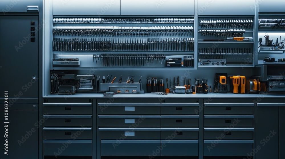 Sleek and Organized Tool Storage with Various Hand Tools, Power Tools, and Accessories in a Well-Designed Workstation for DIY Projects and Professional Use Sleek and Organized Tool Storage with Various Hand Tools, Power Tools, and Accessories in a Well-Designed Workstation for DIY Projects and Professional Use