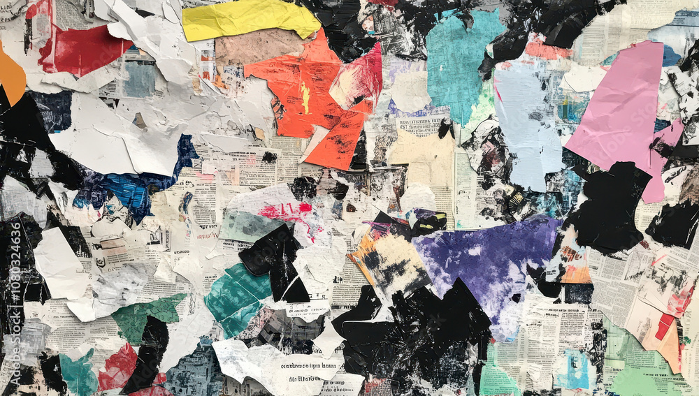 Fototapeta premium Colorful collage of torn newspaper clippings and artistic illustrations