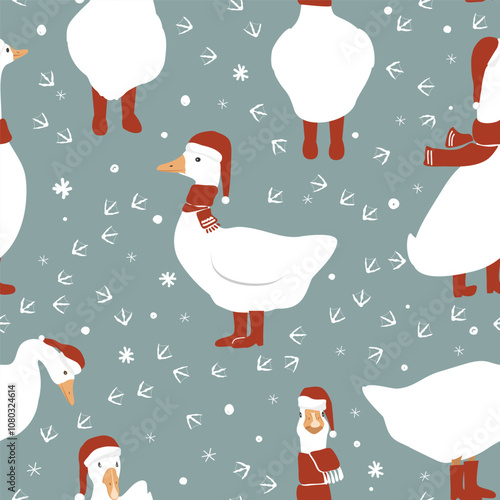 Seamless pattern with cute cartoon goose in red scarf, Santa Claus hat and boots. Merry Christmas background. Vector illustration.