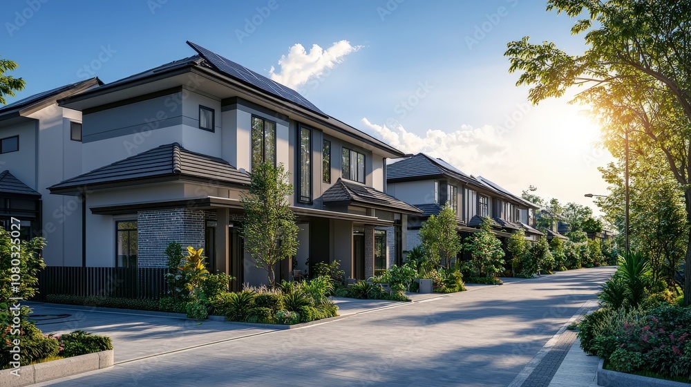 Stylish modern homes equipped with solar panels, lined along a sunlit road, highlighting sustainable architecture and green living in an urban neighborhood. Stylish modern homes equipped with solar panels, lined along a sunlit road, highlighting sustainable architecture and green living in an urban neighborhood.