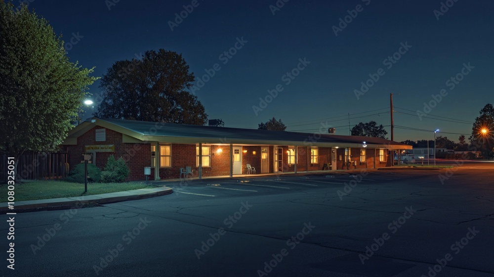 Quiet motel exterior under soft evening light with illuminated windows and peaceful surroundings at dusk in a small town Quiet motel exterior under soft evening light with illuminated windows and peaceful surroundings at dusk in a small town