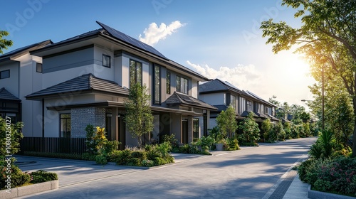 Stylish modern homes equipped with solar panels, lined along a sunlit road, highlighting sustainable architecture and green living in an urban neighborhood.