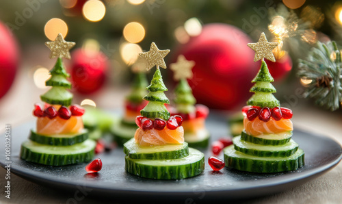 Whimsical Christmas tree-shaped snacks on festive platter photo