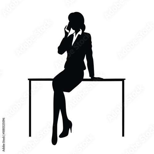 A woman is sitting on a desk and talking on her cell phone. She is wearing a suit and heels