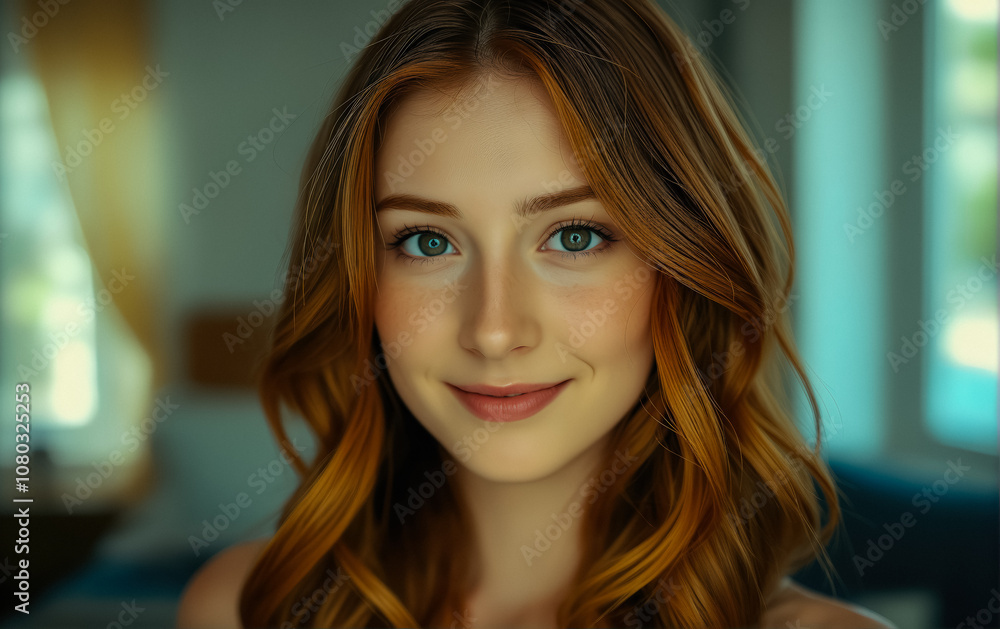 Beautiful Young Woman with Long Auburn Hair in Cozy Indoor Setting with Soft Lighting and Warm Tones Beautiful Young Woman with Long Auburn Hair in Cozy Indoor Setting with Soft Lighting and Warm Tones